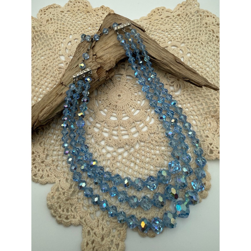 Laguna Vintage Triple Strand Light Blue Aurora Borealis Crystal Necklace Choker